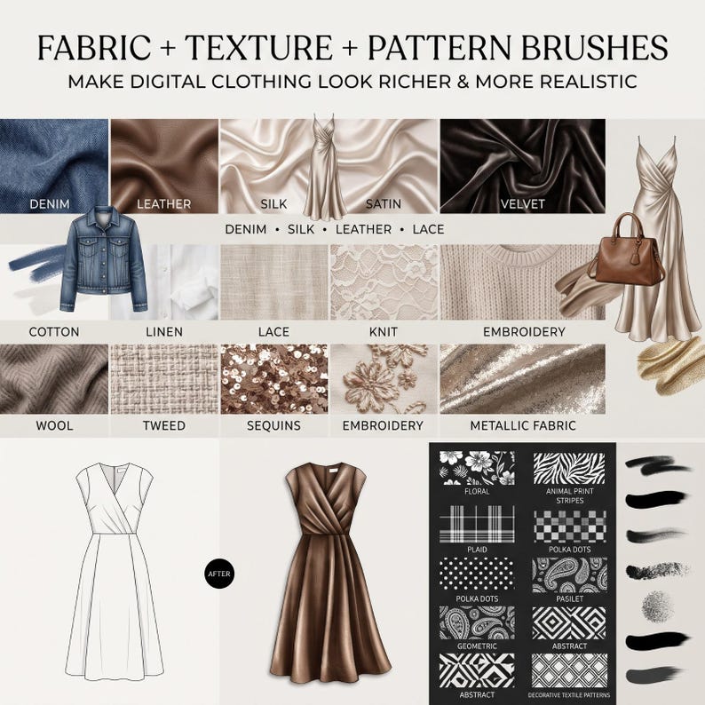 May include: A digital collection of fabric, texture, and pattern brushes featuring swatches of denim, leather, silk, satin, velvet, cotton, linen, lace, knit, embroidery, wool, tweed, sequins, and metallic fabric, alongside dress illustrations and patterns.