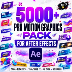 May include: A digital graphic advertisement for a 5000+ Pro Motion Graphics Pack for After Effects. The design features the text 5000+ Pro Motion Graphics Pack for After Effects, the Adobe After Effects logo, and various labels like Animated Titles.