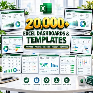 20,000+ Excel Dashboards & Templates Mega Bundle | Business, Finance, HR, Budget, KPI, Project Management, Productivity Spreadsheets