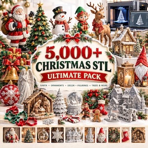 Peut inclure: Une collection numérique de plus de 5 000 fichiers STL de Noël comprenant des modèles 3D de Père Noël, bonhommes de neige, lutins, rennes, crèches, maisons, décorations et sapins, présentés avec un panneau central et diverses figurines.