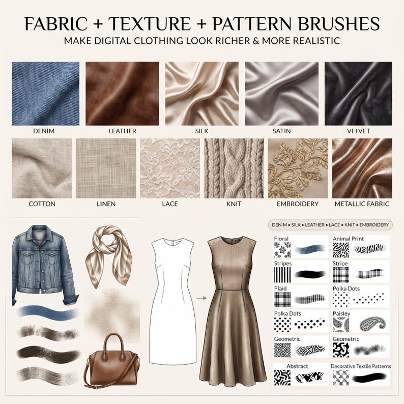 May include: A digital brush set titled FABRIC + TEXTURE + PATTERN BRUSHES featuring swatches of denim, leather, silk, satin, velvet, cotton, linen, lace, knit, embroidery, and metallic fabric, alongside illustrations of a jacket, scarf, bag, and dress.
