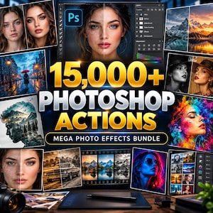 Può includere: Una collezione digitale di oltre 15.000 azioni Photoshop che include un mega pacchetto di effetti fotografici. Il display mostra vari esempi di fotoritocco prima e dopo, inclusi il ritocco di ritratti, la correzione del colore e filtri artistici.