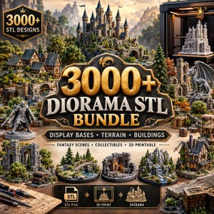 Könnte beinhalten: Eine digitale Sammlung von über 3000 STL-Diorama-Designs mit Fantasy-Schlössern, Gelände und Gebäuden. Das Bild zeigt verschiedene 3D-druckbare Modelle, darunter eine große Burg, steinerne Ruinen, Waldlandschaften und eine Drachenfigur.