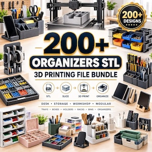 Könnte beinhalten: Ein digitales Paket mit über 200 3D-Druck-STL-Dateien für Organizer, das verschiedene Lösungen für Schreibtisch, Werkstatt und Aufbewahrung wie modulare Ablagen, Behälter und Regale umfasst. Das Bild zeigt mehrere gedruckte Beispiele wie Stiftehalter, Werkzeug-Organizer und Kleinteileboxen.