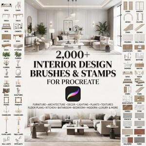 Op de afbeelding: Een digitale collectie van 2.000+ interieurontwerp penselen en stempels voor Procreate, met een centrale afbeelding van een woonkamer, een Procreate app-icoon en zijpanelen met diverse meubel- en materiaaliconen.