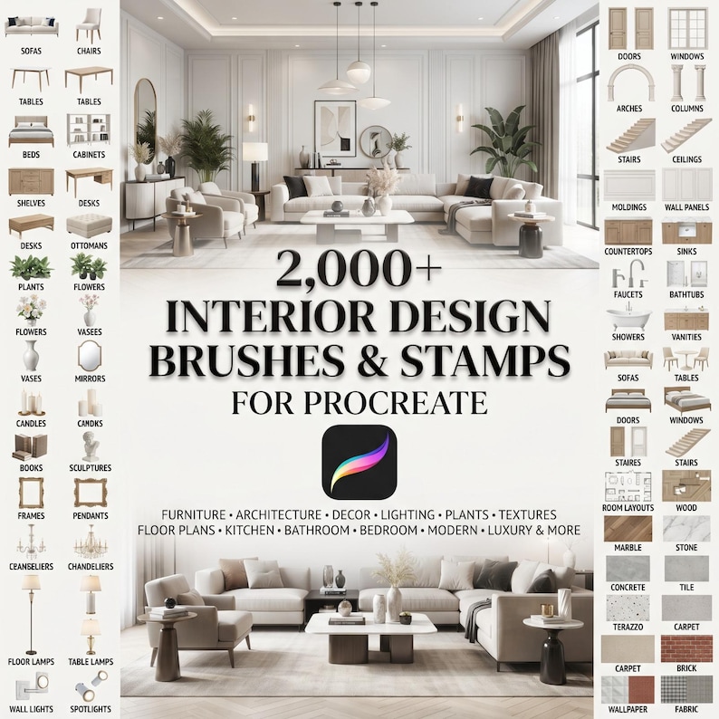 Op de afbeelding: Een digitale collectie van 2.000+ interieurontwerp penselen en stempels voor Procreate, met een centrale afbeelding van een woonkamer, een Procreate app-icoon en zijpanelen met diverse meubel- en materiaaliconen.