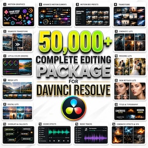 May include: A digital editing package for DaVinci Resolve featuring 50,000+ assets including motion graphics, transitions, cinematic LUTs, wedding LUTs, skin retouching tools, titles, typography, sound effects, music tracks, and visual effects.