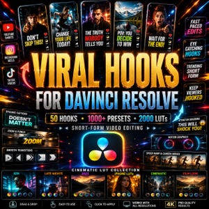 May include: A digital graphic advertisement for Viral Hooks for DaVinci Resolve, featuring text overlays, five smartphone screen previews, a central DaVinci Resolve logo, and various thumbnails showcasing video editing presets, LUTs, and motion graphics.