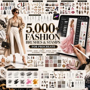 May include: A digital collection of 5,000+ fashion brushes and stamps for Procreate, featuring a tablet display with a pink gown illustration, various clothing, shoe, jewelry, accessory, makeup, hair, and sewing stamp sets, and brush stroke samples.