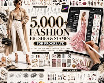 Meer dan 5000 modepenselen en -stempels voor Procreate | Kleding, schoenen, sieraden, make-up, poses, haar, accessoires, modeontwerpbundel