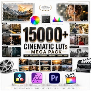 Peut inclure: Une collection numérique de 15000+ Cinematic LUTs Mega Pack présentant des exemples de photos avant et après, une roue chromatique, un histogramme, une bobine de film et un clap. Inclut des icônes pour DaVinci Resolve, Affinity Photo, Adobe Premiere Pro et Final Cut Pro.