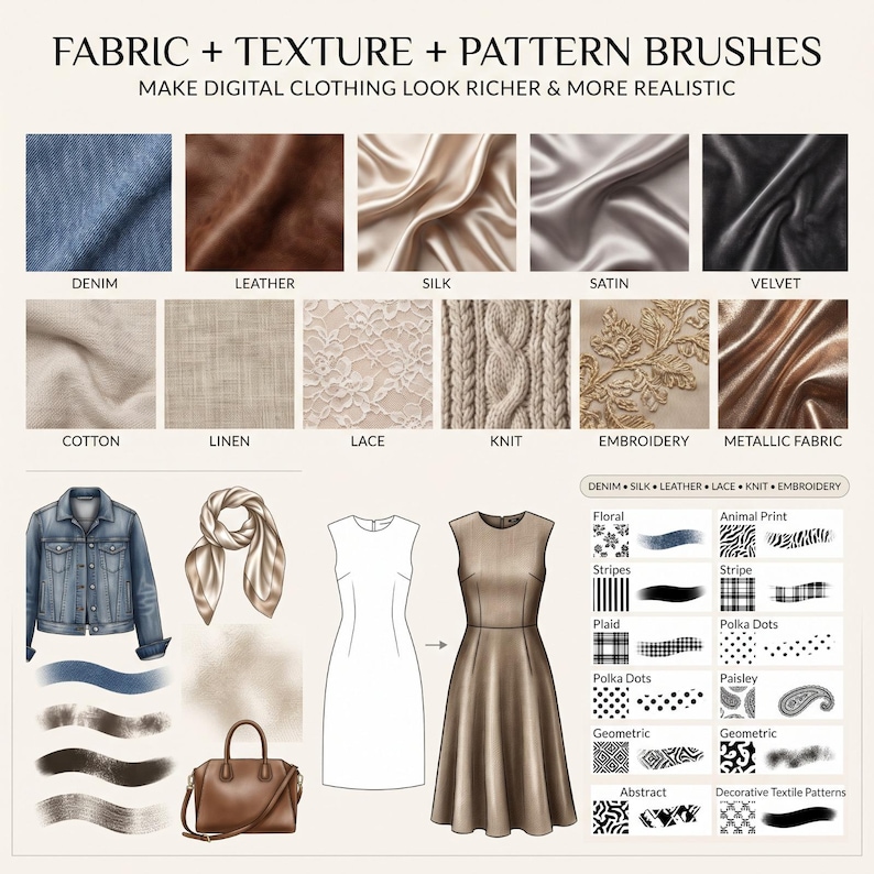 May include: A digital brush set titled FABRIC + TEXTURE + PATTERN BRUSHES featuring swatches of denim, leather, silk, satin, velvet, cotton, linen, lace, knit, embroidery, and metallic fabric, alongside illustrations of a jacket, scarf, bag, and dress.