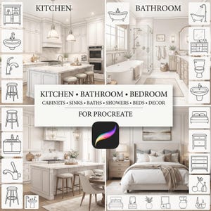 Op de afbeelding: Een digitale stempelset voor Procreate met interieurontwerpelementen. De afbeelding toont keuken-, badkamer- en slaapkamersc&egrave;nes met omringende lijntekeningen van kasten, wastafels, baden, douches, bedden en decoratieve items voor ontwerpprojecten.