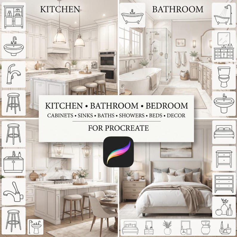 Op de afbeelding: Een digitale stempelset voor Procreate met interieurontwerpelementen. De afbeelding toont keuken-, badkamer- en slaapkamersc&egrave;nes met omringende lijntekeningen van kasten, wastafels, baden, douches, bedden en decoratieve items voor ontwerpprojecten.
