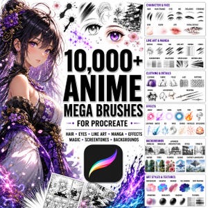 Puede incluir: Una colección digital de más de 10,000 pinceles de anime para Procreate, con una gran ilustración de un personaje de anime con atuendo morado, junto a una cuadrícula completa de ejemplos de trazos para cabello, ojos, arte lineal y efectos.