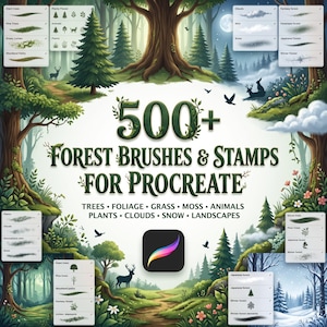 Puede incluir: Una colección digital de 500+ pinceles y sellos de bosque para Procreate, con una ilustración de paisaje forestal con árboles, animales y follaje. El texto dice 500+ Forest Brushes & Stamps for Procreate, Trees, Foliage, Grass, Moss, Animals, Plants, Clouds, Snow, Landscapes.
