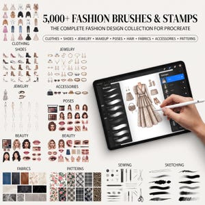 May include: A digital collection titled 5,000+ FASHION BRUSHES & STAMPS THE COMPLETE FASHION DESIGN COLLECTION FOR PROCREATE, featuring icons for clothing, shoes, jewellery, makeup, poses, hair, fabrics, accessories, and patterns on a tablet screen.
