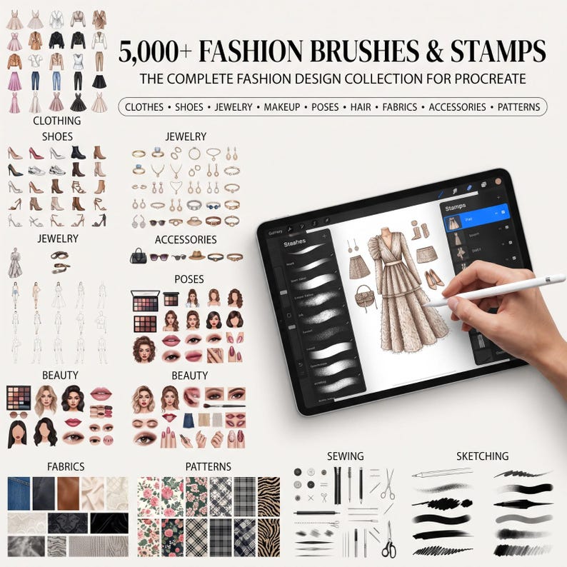 May include: A digital collection titled 5,000+ FASHION BRUSHES & STAMPS THE COMPLETE FASHION DESIGN COLLECTION FOR PROCREATE, featuring icons for clothing, shoes, jewellery, makeup, poses, hair, fabrics, accessories, and patterns on a tablet screen.
