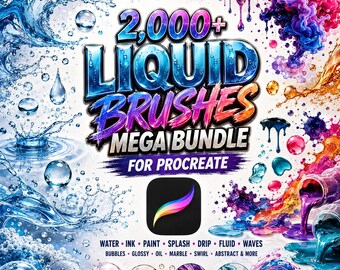 Meer dan 2000 vloeibare penselen voor Procreate | Megabundel met water-, inkt-, verf-, spat-, druppel-, vloeistof-, golf-, bubbel-, marmer- en abstracte penselen