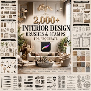 Könnte beinhalten: Eine digitale Sammlung von über 2.000 Innenarchitektur-Pinseln und Stempeln für Procreate, mit einer zentralen Wohnzimmerszene, kategorisierten Bereichen für Möbel, Architektur, Dekor, Beleuchtung, Grundrisse und Texturen sowie dem Procreate-Symbol.