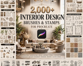 2,000+ Interior Design Brushes & Stamps for Procreate | Furniture, Architecture, Floor Plans, Decor, Plants, Lighting, Texture Bundle