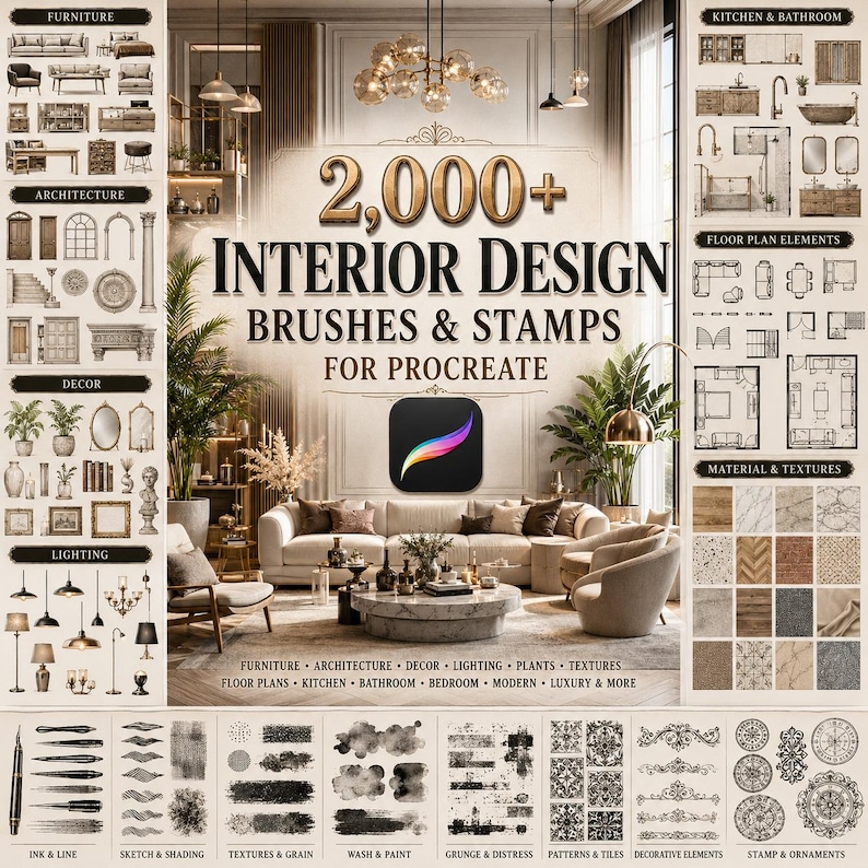 Op de afbeelding: Een digitale collectie van 2.000+ interieurontwerp penselen en stempels voor Procreate, met een centrale woonkamersc&egrave;ne, gecategoriseerde panelen voor meubels, architectuur, decor, verlichting, plattegronden en texturen, inclusief het Procreate-icoon.
