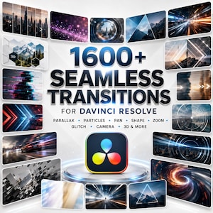 May include: A digital graphic advertisement for 1600+ Seamless Transitions for DaVinci Resolve. The text is centered in bold blue and black lettering, surrounded by a collage of various video transition effects, including cityscapes, motion blur, and geometric shapes.