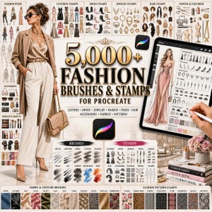 May include: A digital collection of 5,000+ fashion brushes and stamps for Procreate, featuring a display of clothing, shoes, jewellery, hair, and sewing stamps. The image includes a tablet showing a fashion illustration and various brush stroke samples.