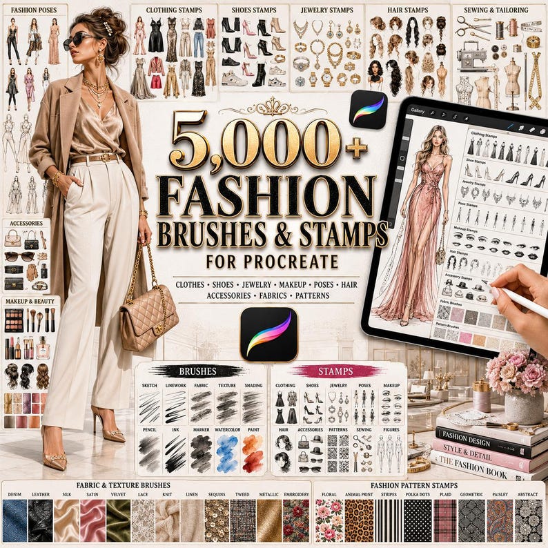 May include: A digital collection of 5,000+ fashion brushes and stamps for Procreate, featuring a display of clothing, shoes, jewellery, hair, and sewing stamps. The image includes a tablet showing a fashion illustration and various brush stroke samples.