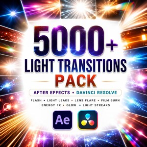 Pacote com mais de 5000 transições de luz para After Effects e DaVinci Resolve | Vazamentos de luz, flash, reflexo de lente, efeito de filme queimado, energia, transições cinematográficas