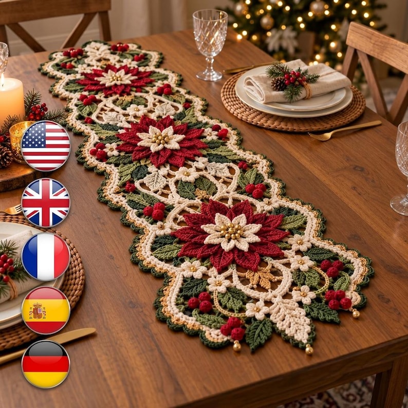 Poinsettia Snowflake Crochet Table Runner Pattern PDF | Christmas Table ...