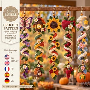 May include: A 5-in-1 bundle crochet pattern for spiral hanging ornaments, featuring digital PDF download text. The designs include a purple butterfly, a lantern, a sunflower, a red apple, and a crescent moon, all adorned with colorful yarn.