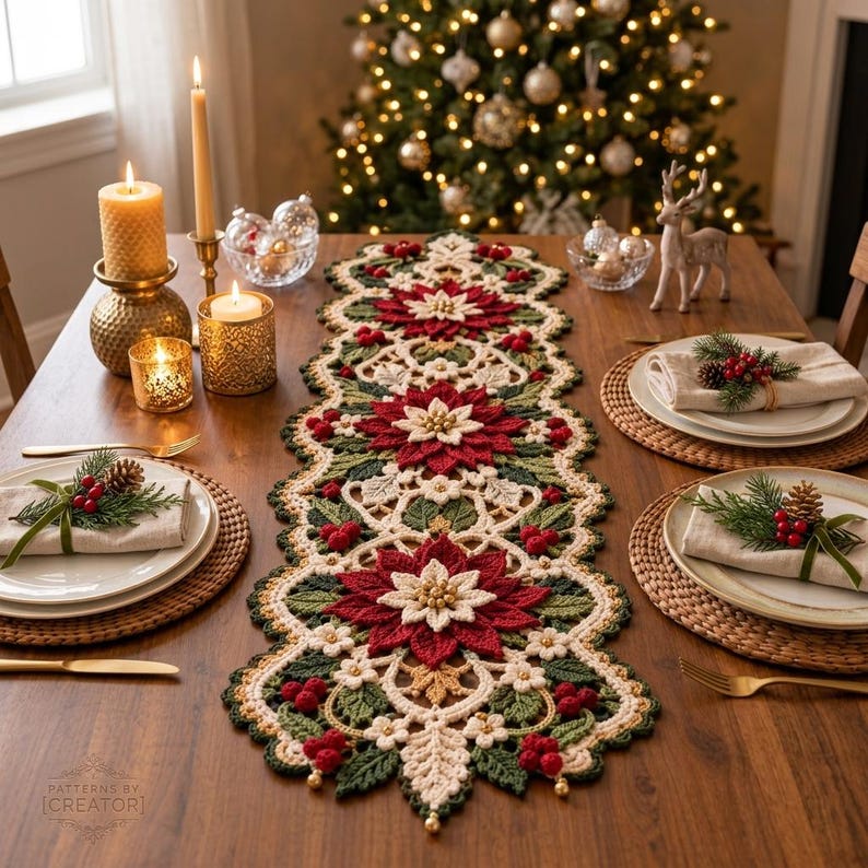 Poinsettia Snowflake Crochet Table Runner Pattern PDF | Christmas Table ...