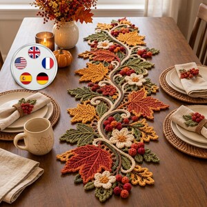 Haakpatroon voor een tafelloper met herfstbladeren in de vorm van een esdoorn, herfstdecoratie (PDF), tafelstuk voor Thanksgiving, digitale download