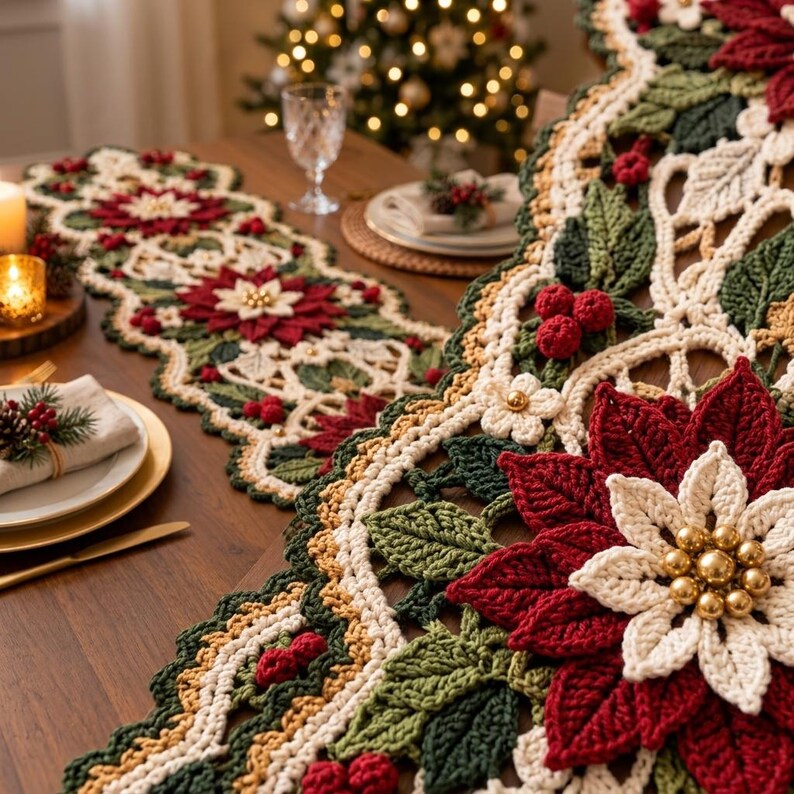 Poinsettia Snowflake Crochet Table Runner Pattern PDF | Christmas Table ...