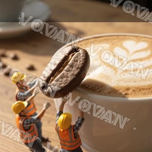 Puede incluir: Una escena en miniatura con pequeños trabajadores de la construcción con chalecos de seguridad naranjas y cascos amarillos levantando un grano de café marrón sobre una taza de cerámica blanca con arte latte. El texto dice WAIT... THAT'S A COFFEE BEAN?!