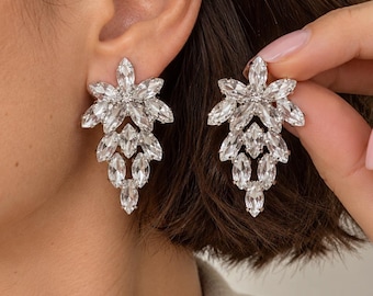 Kristallen kroonluchteroorbellen, messing sieraden met marquise-bladmotief, kerstcadeau, oorbellen met zirkonia-clusters, feestaccessoire