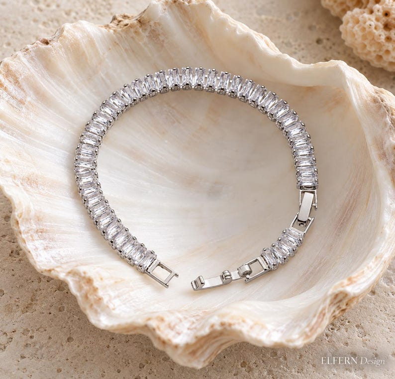 Baguette Tennis Bracelet, Gold CZ Bracelet, Baguette Diamond Bracelet ...