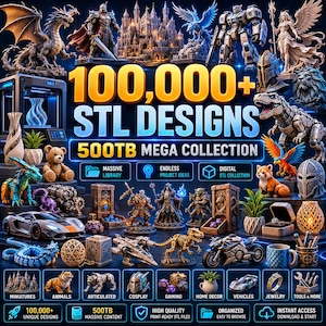 100 000+ STL 3D-modellbibliotek, 500 TB megasamling, utskrivbar