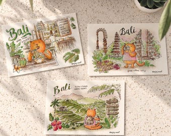 Bali Postcard | Watercolor Travel Sketch | Asian trip | Tropical art | Indonesia Souvenir | Hand Drawn Cat | Bali temple | Rice terrace