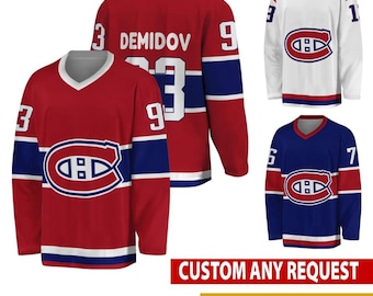 May include: Three hockey jerseys in red, white, and blue. The red jersey features the name DEMIDOV and number 93 on the back. All jerseys display the Montreal Canadiens logo on the chest, with numbers on the sleeves and shoulders.