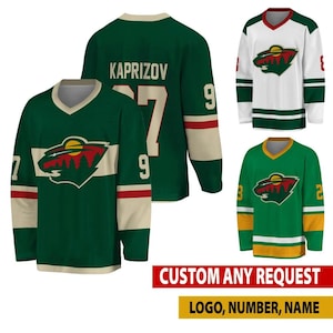 Personlig Minnesota Hockey-tröja, Tröja för män med ditt lagnamn, Kaprizov Buium Fanhockeytröja