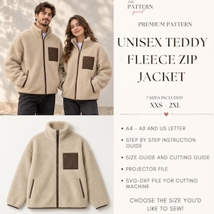 May include: A beige teddy fleece zip jacket with a high collar, long sleeves, and a dark brown chest pocket. The text reads: THE PATTERN YARD, PREMIUM PATTERN, UNISEX TEDDY FLEECE ZIP JACKET, 7 SIZES INCLUDED XXS - 2XL, A4 - A0 AND US LETTER.