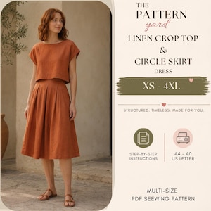 May include: A rust-colored linen crop top and circle skirt dress set. The text reads: THE PATTERN YARD LINEN CROP TOP & CIRCLE SKIRT DRESS, XS - 4XL, STRUCTURED. TIMELESS. MADE FOR YOU., STEP-BY-STEP INSTRUCTIONS, A4 - A0 US LETTER, MULTI-SIZE PDF SEWING PATTERN.
