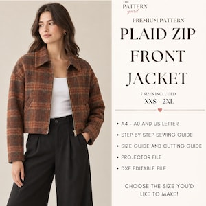 Op de afbeelding: Een bruin en oranje geruite jas met ritssluiting, kraag en lange mouwen. De tekst luidt: THE PATTERN YARD PREMIUM PATTERN PLAID ZIP FRONT JACKET 7 SIZES INCLUDED XXS - 2XL A4 - A0 AND US LETTER STEP BY STEP SEWING GUIDE.