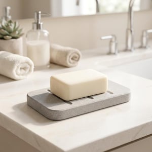 May include: A rectangular, light gray stone soap dish with a smooth, speckled texture and drainage slots, holding a solid, off-white rectangular bar of soap. The soap dish is positioned on a white countertop near rolled white towels.