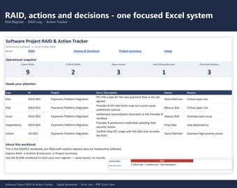 RAID Log Template Excel, Risk Register & Action Tracker | Project Management Tool