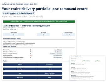 Excel Project Portfolio Dashboard, RAID Log & Status Report | Delivery Manager Command Centre