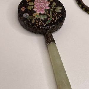 Vintage cloisonné and Jade Handle mirror with 2 Black and Jade Bracelets