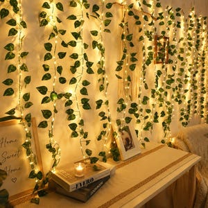 Può includere: Una serie di ghirlande di edera artificiale verde intrecciate con luci a LED bianco caldo, appese verticalmente contro una parete. I rampicanti presentano numerose foglie a forma di cuore e piccole lampadine luminose che creano un'illuminazione soffusa.